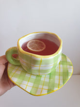 Load image into Gallery viewer, Green gingham ceramic mug with saucer
